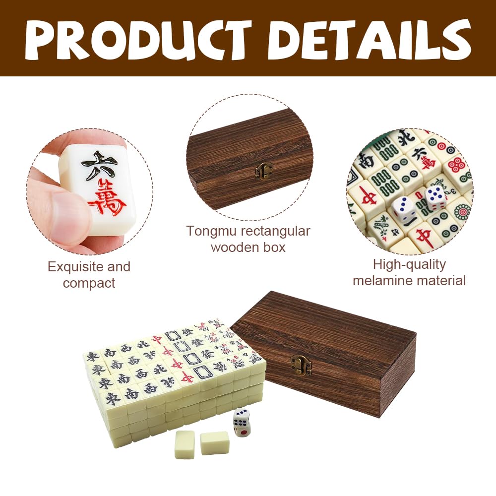 Mini Mahjong Set, 144 Stück Portable Traditionelles Chinesisches Majong Set, Mahjong Steine mit Edler Holzkiste, Traditionelles MahjongSpielset, Für Party Tischspiele für Erwachsene