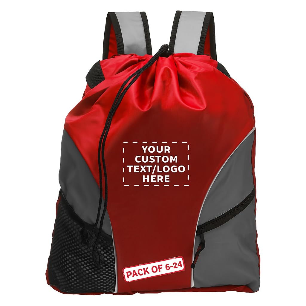 DISCOUNT PROMOS Custom Sporter Drawstring Backpacks Set of 6/12/24, Personalized Bulk Pack - Compact, Lightweight, Unisex Backpack - Red
