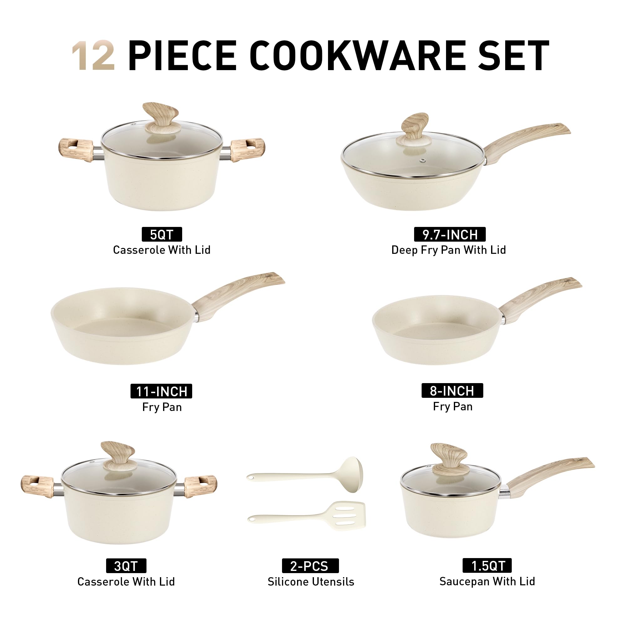 DishDelight Topfset Pfannenset Induktion Töpfe Set 12-teilige Granit-Antihaftbeschichtung Kochtopf Topf Pfannen für Induktionsherd Bratpfanne mit Glasdeckeln