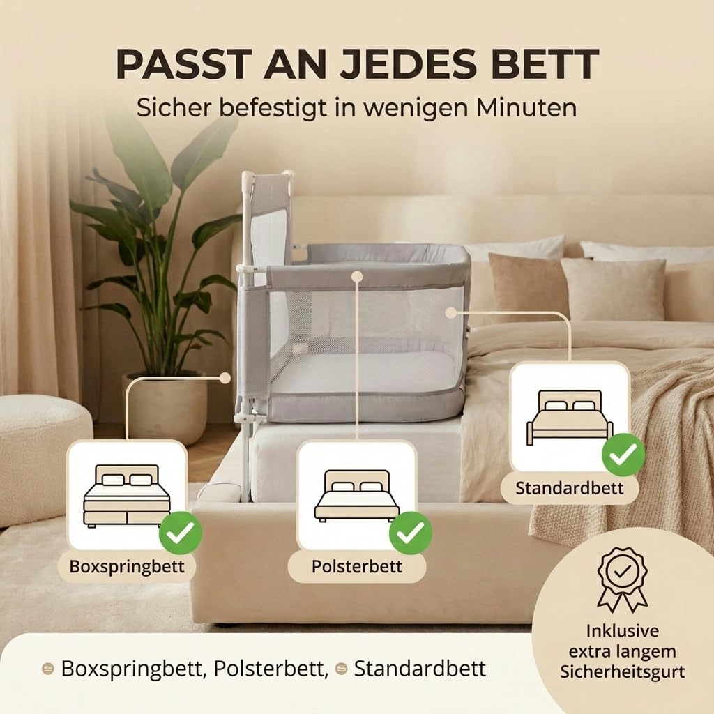 BabybeFun Beistellbett Baby [Stillen im eigenen Elternbett] Babybett für Boxspringbett und normales Bett mit Überrollschutz [Extra Sicher] Rausfallschutz Bett | Kinderbett Alternative