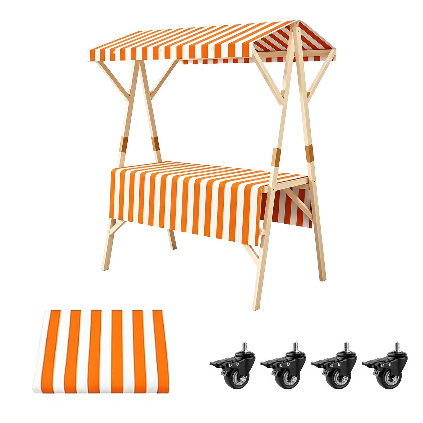 CMYAOYC Portable Food Cart with Striped Canopy, Foldable Farmers Market Stall Cart with Wheels, Wooden Concession Stand, Mobile Buffet Table(Orange,150cm)