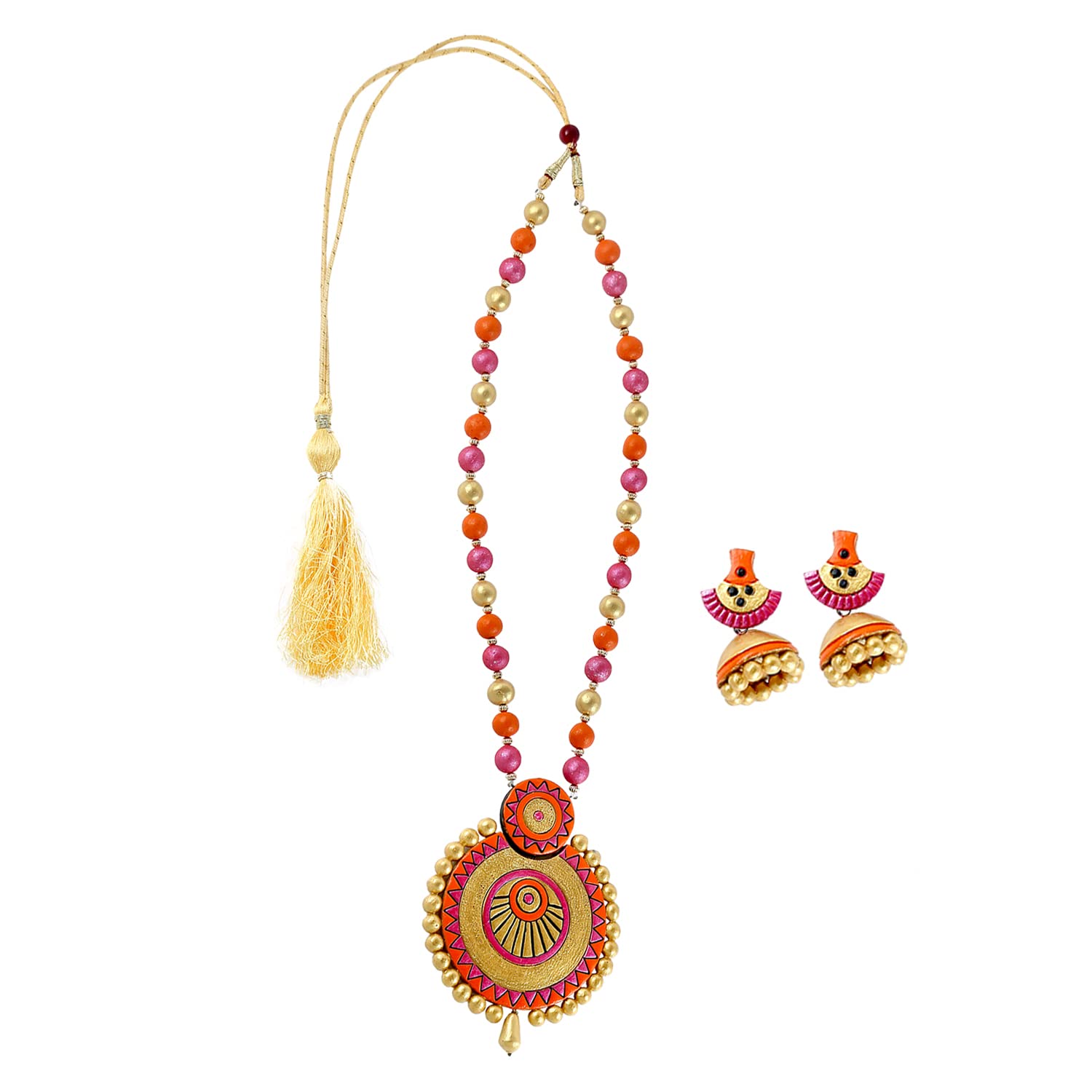 Lisma Fashion Handmade Terracotta (Clay Work) Necklace with Earrings for Women and Girls (Orange_LS00305)