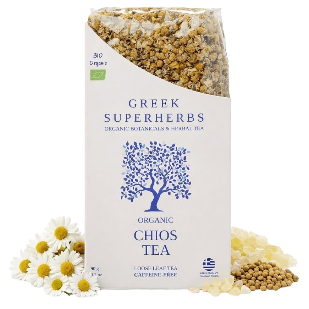 CHIOS Tea | Greek Wellness Loose Herbal Tea | Whole Chamomile Flowers, Chios Mastic Gum, Mahlab | 100% Oganic, Caffeine Free, Natural, Earthy Flavor | 90G (3.2 OZ) (25 Cups)