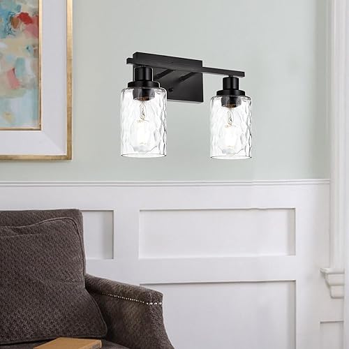 Miniatura 4 de MELUCEE Lámparas de baño de 3 luces sobre espejo con pantalla de vidrio martillado, lámpara de tocador de latón cepillado, luces de pared
