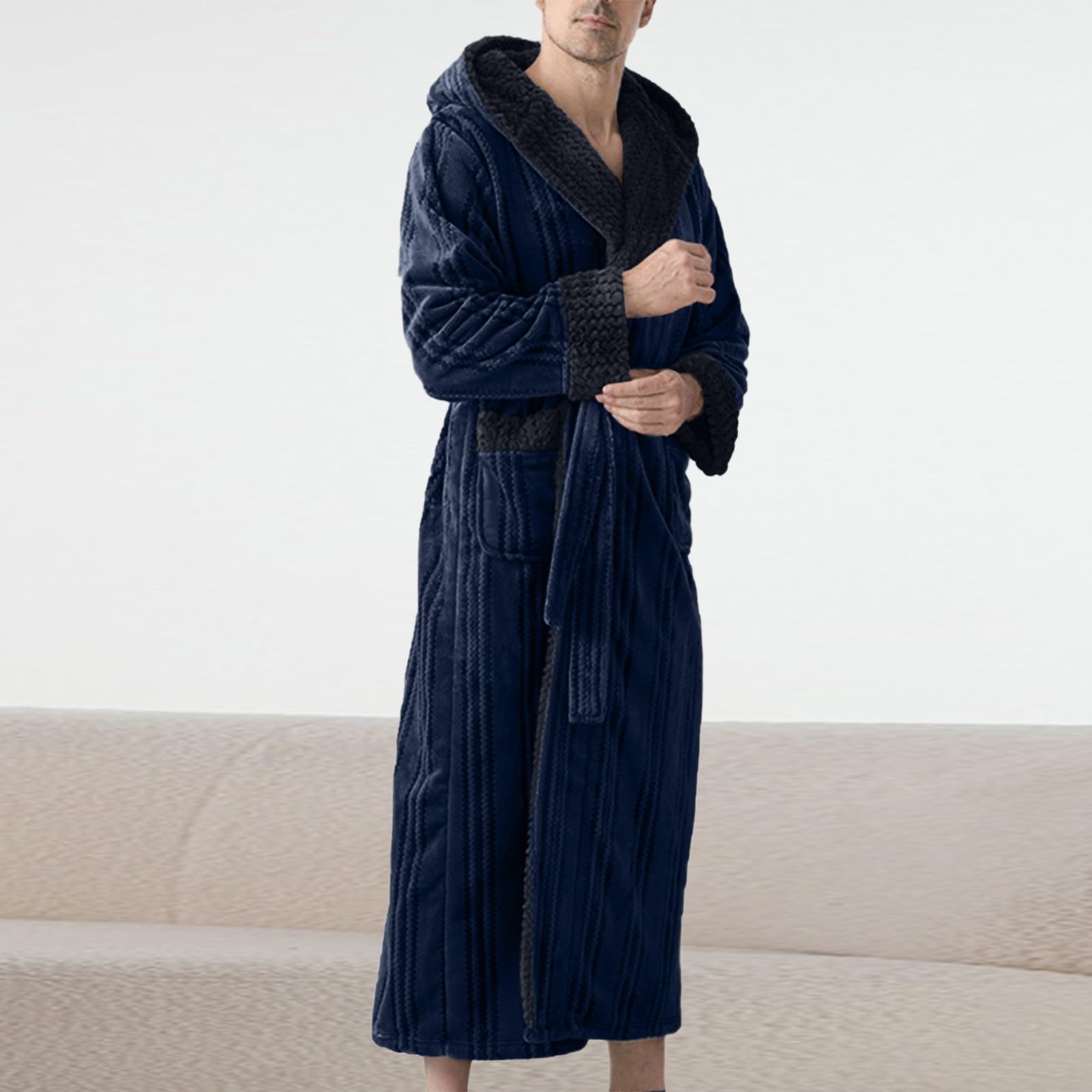 Accappatoio da uomo, kimono, con scollo a V, tinta unita, in pile, lungo, soffice, con cappuccio, in spugna, con motivo a griglia