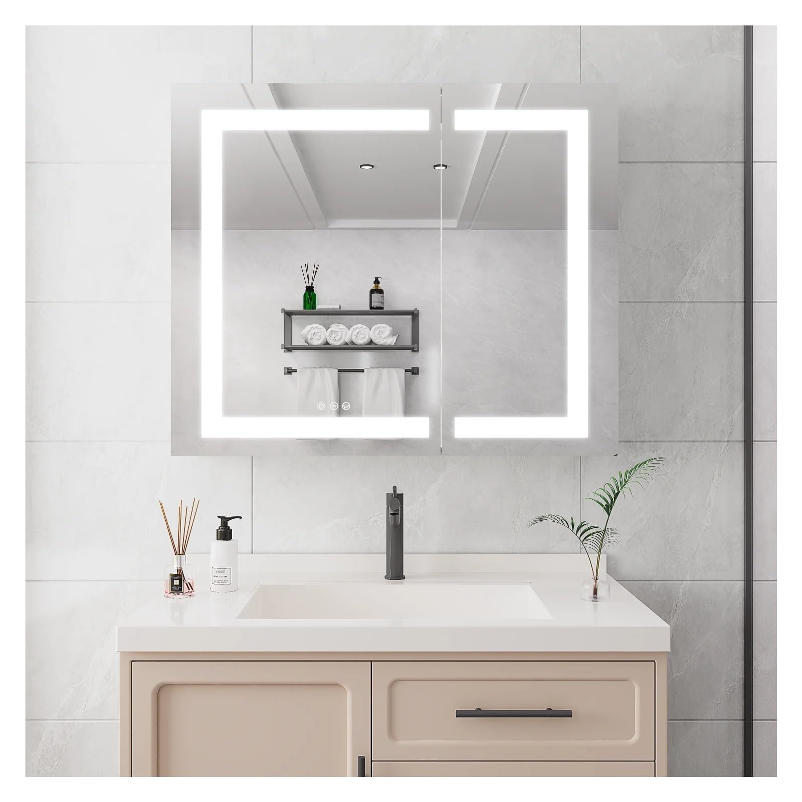 FRALHQFL Espejo de Pared para baño, 36 x 30 Pulgadas LED Espejo de tocador botiquín antivaho Empotrado o Montaje en Superficie Doble Puerta Interruptor táctil de Almacenamiento Grande