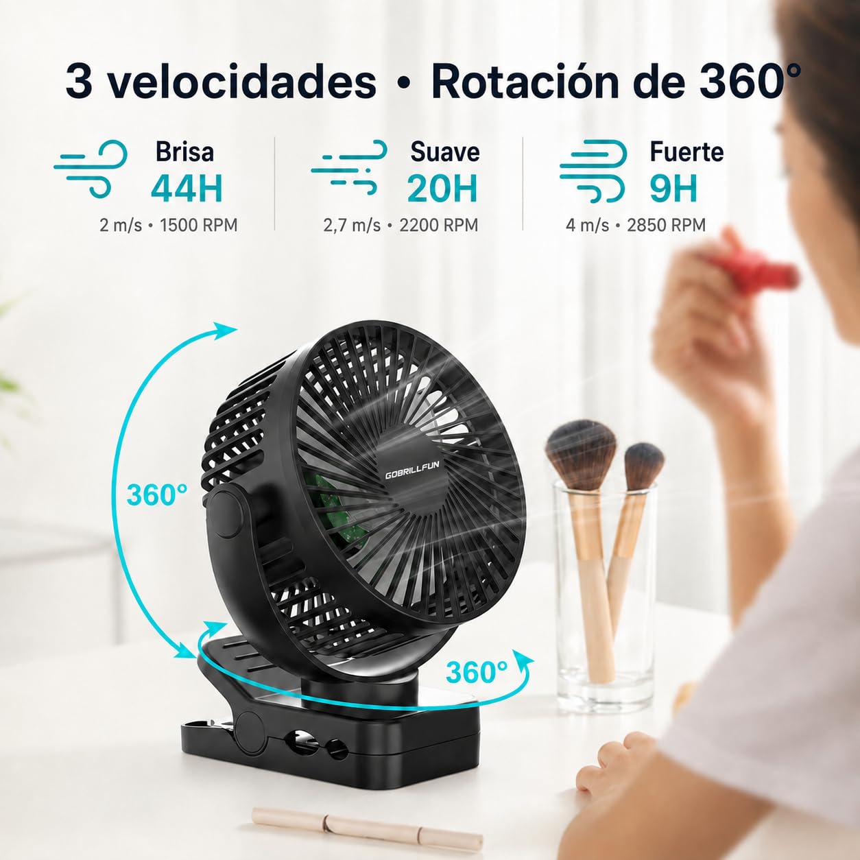 Ventilador Portátil con Clip 6” y Batería 12000mAh, USB Recargable, Luz LED, Control Remoto, 3 Velocidades, Temporizador y Power Bank para Camping, Coche y Furgoneta Camper
