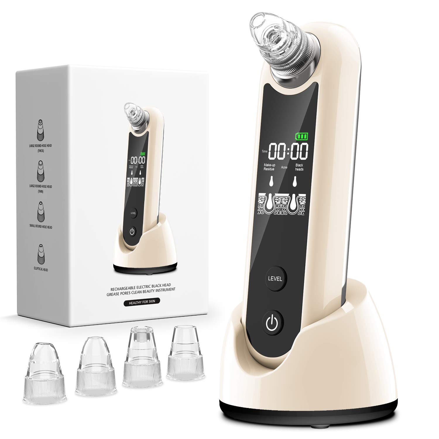 Eunon Blackhead Remover Vacuum - Upgraded Strong Suction Rechargeable Electric Pore Cleanser Acne Comedone Zit Pimple Extractor Sucker Tool with LCD Screen and Base for Women Men, Khaki