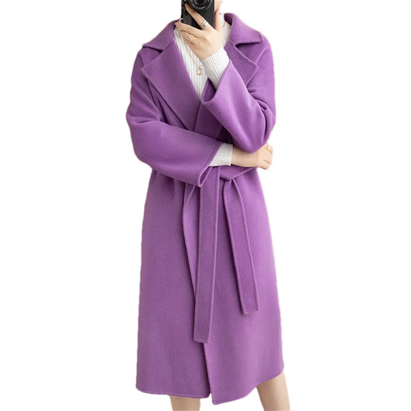 Women'S Flat Lapel Belt Long Pea Coat Fall Winter Double-Sided Wool Trench Coat Outwear