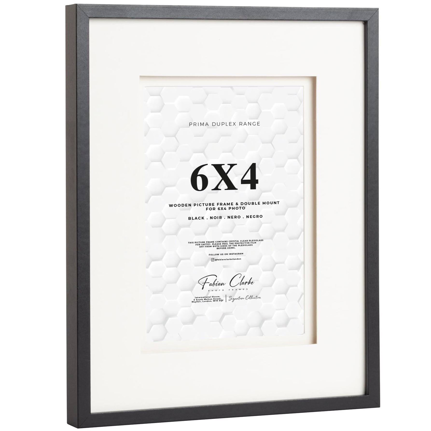 Fabian Clarke London® 6x4 Black Wooden Picture Photo Frame with Off White Double Mount to Hang Portrait or Landscape For 6x4 Photo