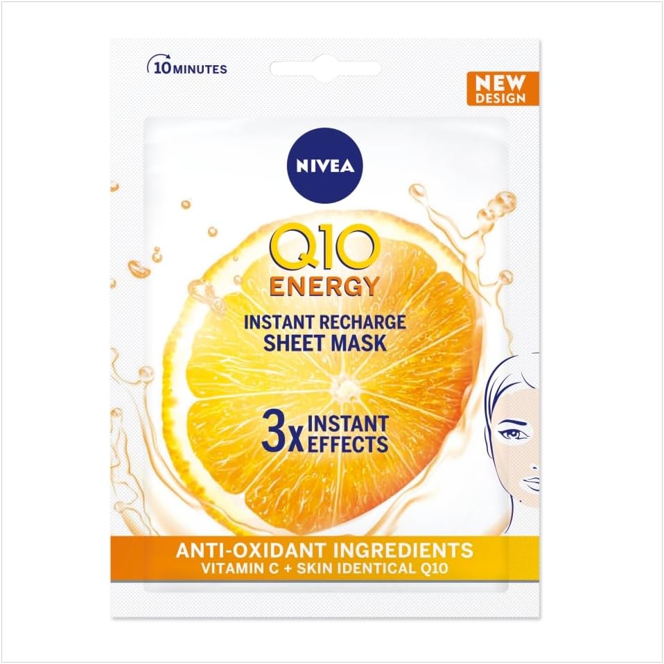 NIVEA Q10 + C Power Anti-Wrinkle + Energy Sheet Mask (1 Piece), Anti Ageing Moisturiser Mask with Vitamin C, Face Mask with Coenzyme Q10, Anti Wrinkle Cream Mask