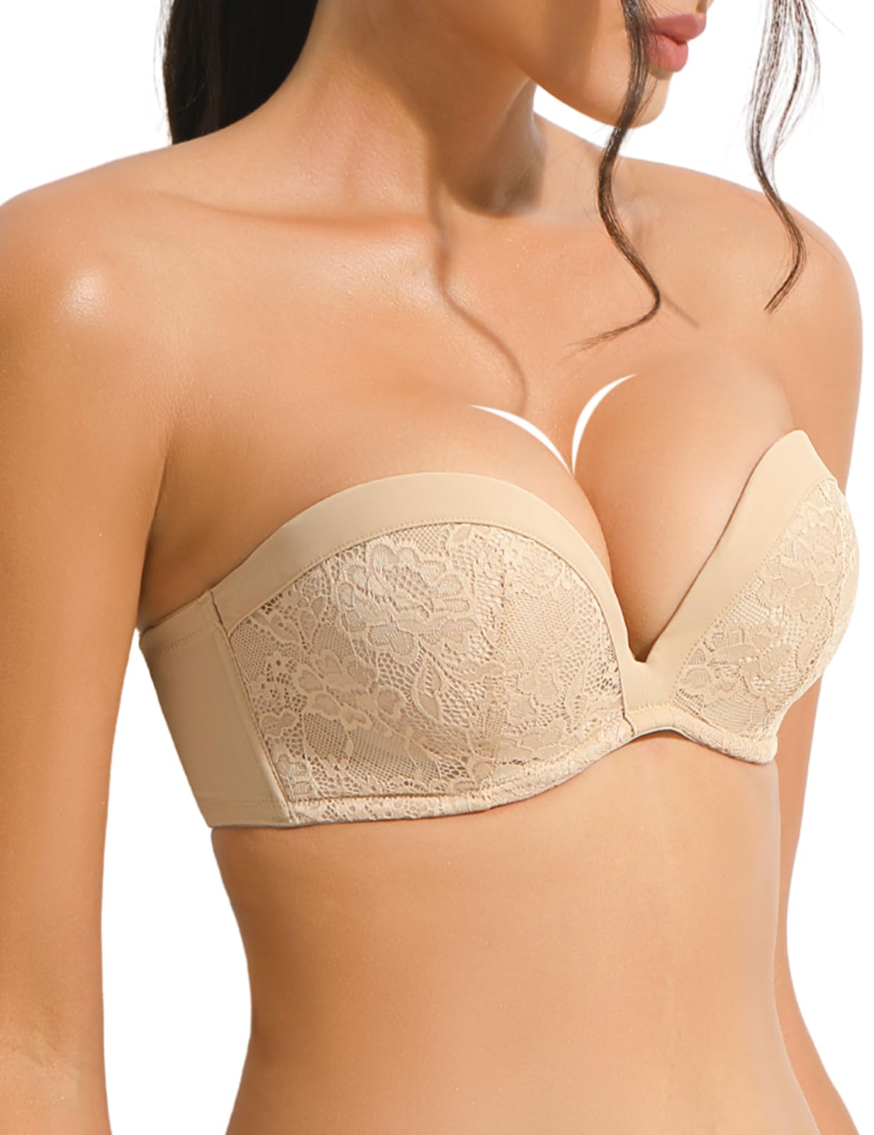 YBCG Push Up Strapless Plunge Bra with Clear Straps Convertible Lace Padded Add 2 Cups Underwire Low Cut for Women