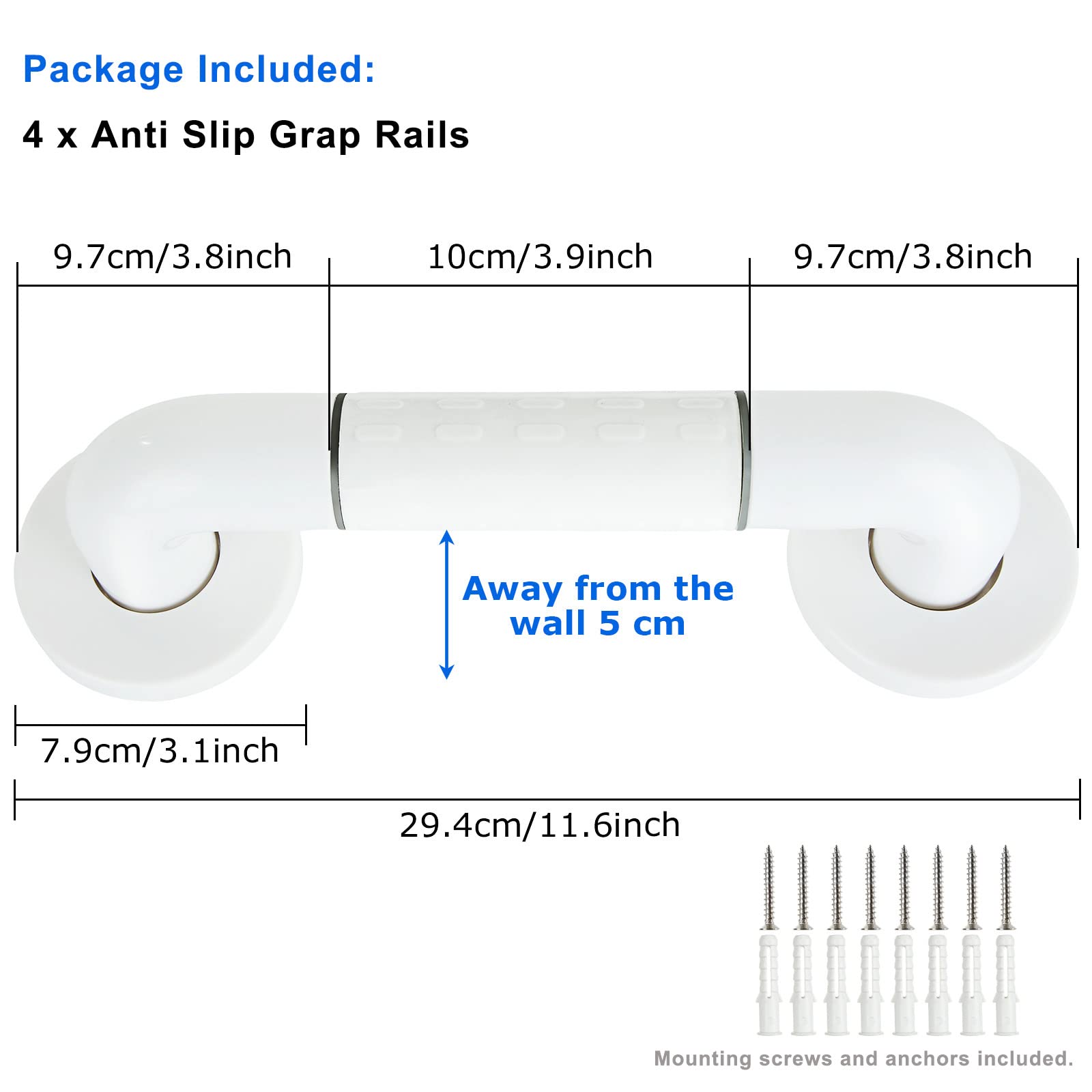 2 rieles antideslizantes para baño, mango de agarre de baño de 30 cm, barra de agarre de seguridad de nailon de acero inoxidable resistente para ducha, pasamanos (blanco, tornillos incluidos)