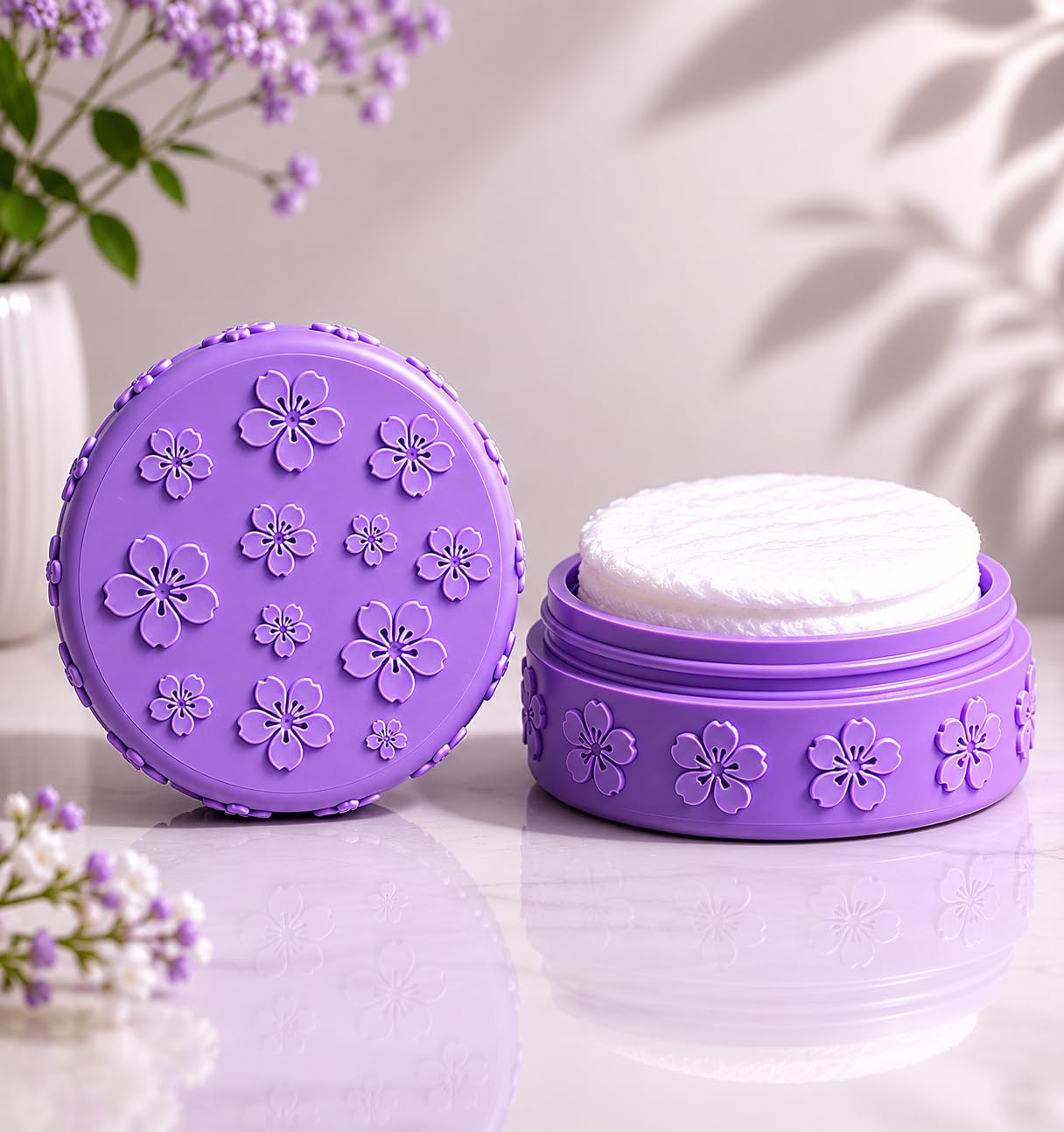 Floral Cotton Pad Travel Case, Purple, Round, Embossed Flower Design, Portable Storage Container-image-1