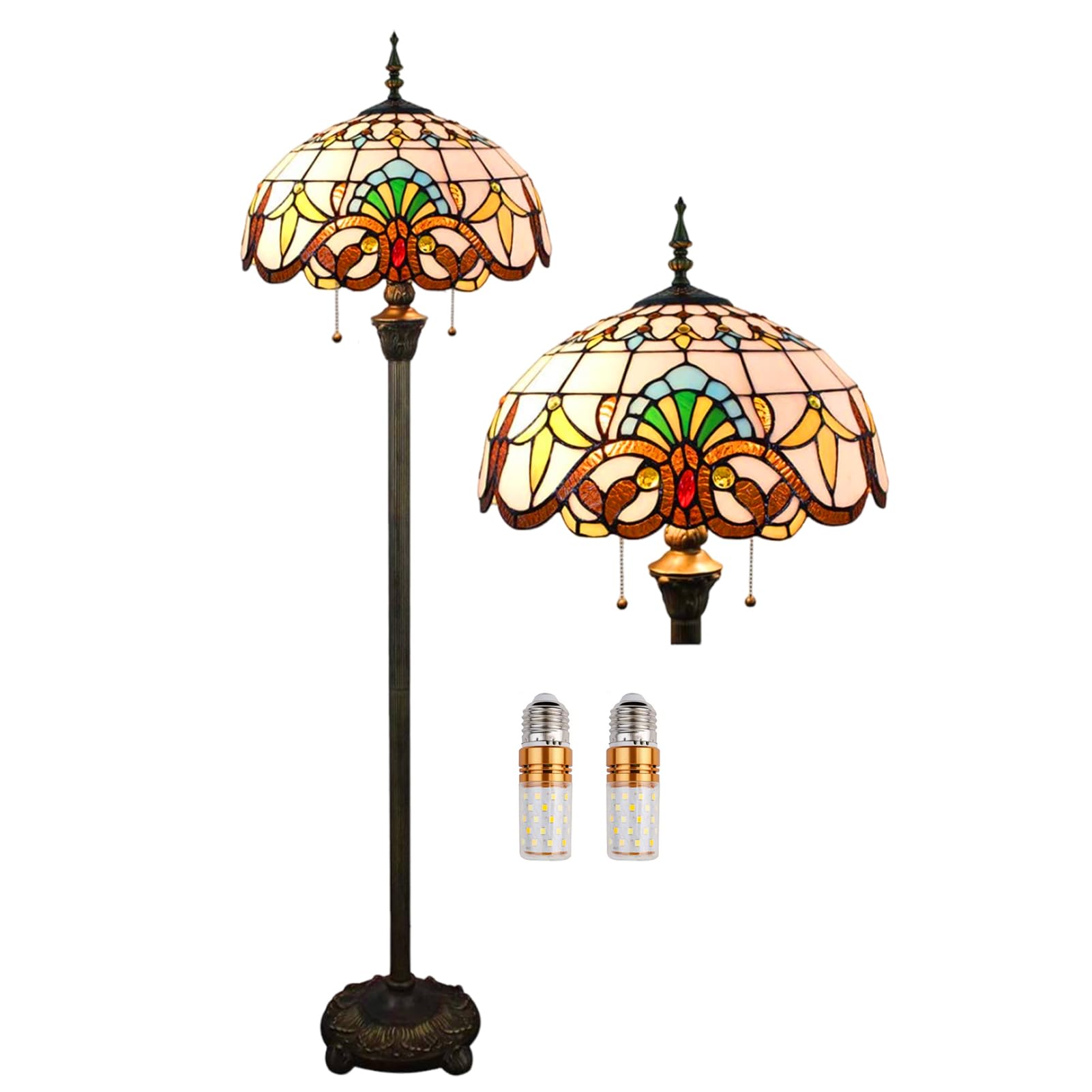 Piantana Lampada da Stelo Terra Soggiorno Stile Tiffany,Lampada Vintage Salotto Camera Da Letto Arredamento Casa,16" Paralumi in Vetro Macchiato,Alta 165 Cm Con 2 Lampadine Led E27(F-1)