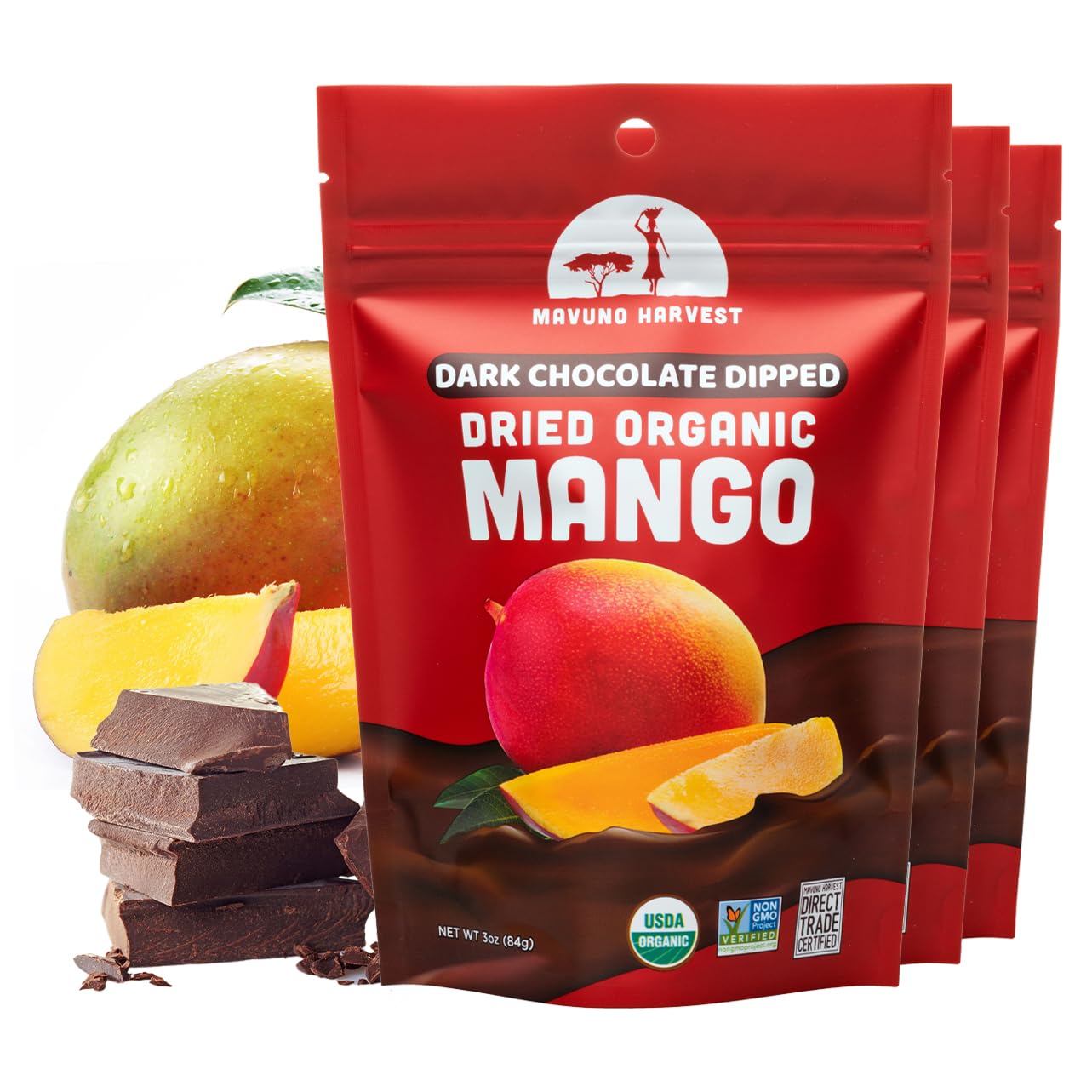 Organic Chocolate Covered Mango - Organic Dried Mango Dipped in Dark Chocolate - Non GMO, Fair Trade, No Preservatives & Vegan Chocolate Treats - Healthy Chocolate Snacks - 3 x 3 Ounces