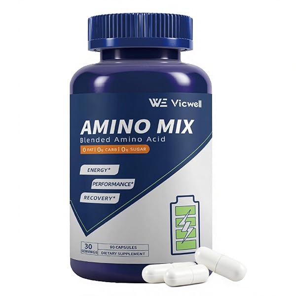 Vicwell Amino Acid, Supports Muscle Recovery and Lean Muscle Growth, Enhances Energy and Endurance, Contains Essential Amino Acids and BCAAs, 90 Capsules (1 Bottle)