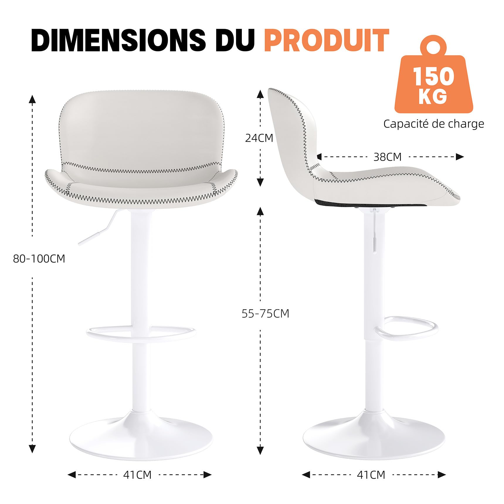 Youhauchair Tabouret Bar, Tabouret de Bar Réglable en Hauteur en Cuir PU, Chaise de Bar avec Dossier et Repose-Pieds, Chaise Haute Cuisine Pivotant, Moderne, Blanc