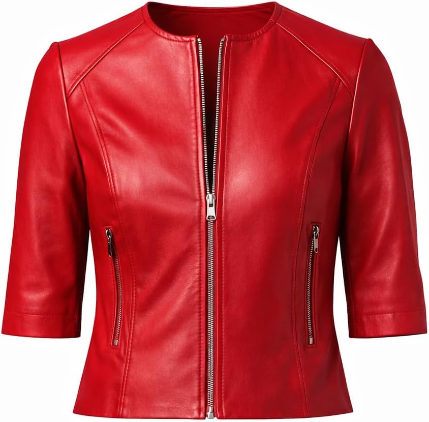 Women’s Cropped Leather Jacket | Fitted Zip-Up Short Sleeve Jacket | Modern Minimalist Casual Outerwear