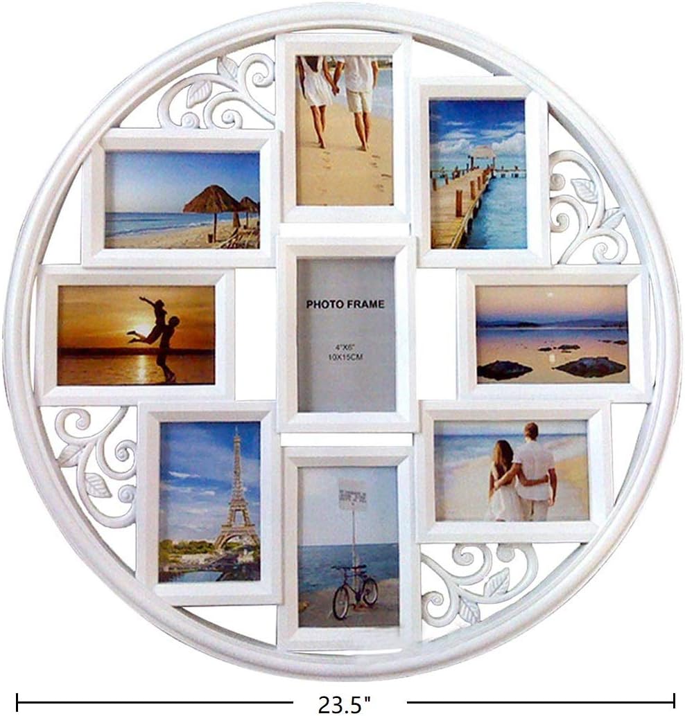 MKUN 4x6 Wall Collage Picture Frames - Round Circular Wall hanging Picture Photo Collage Frame with leaf decoration, 9- Opening (White) - Image 6