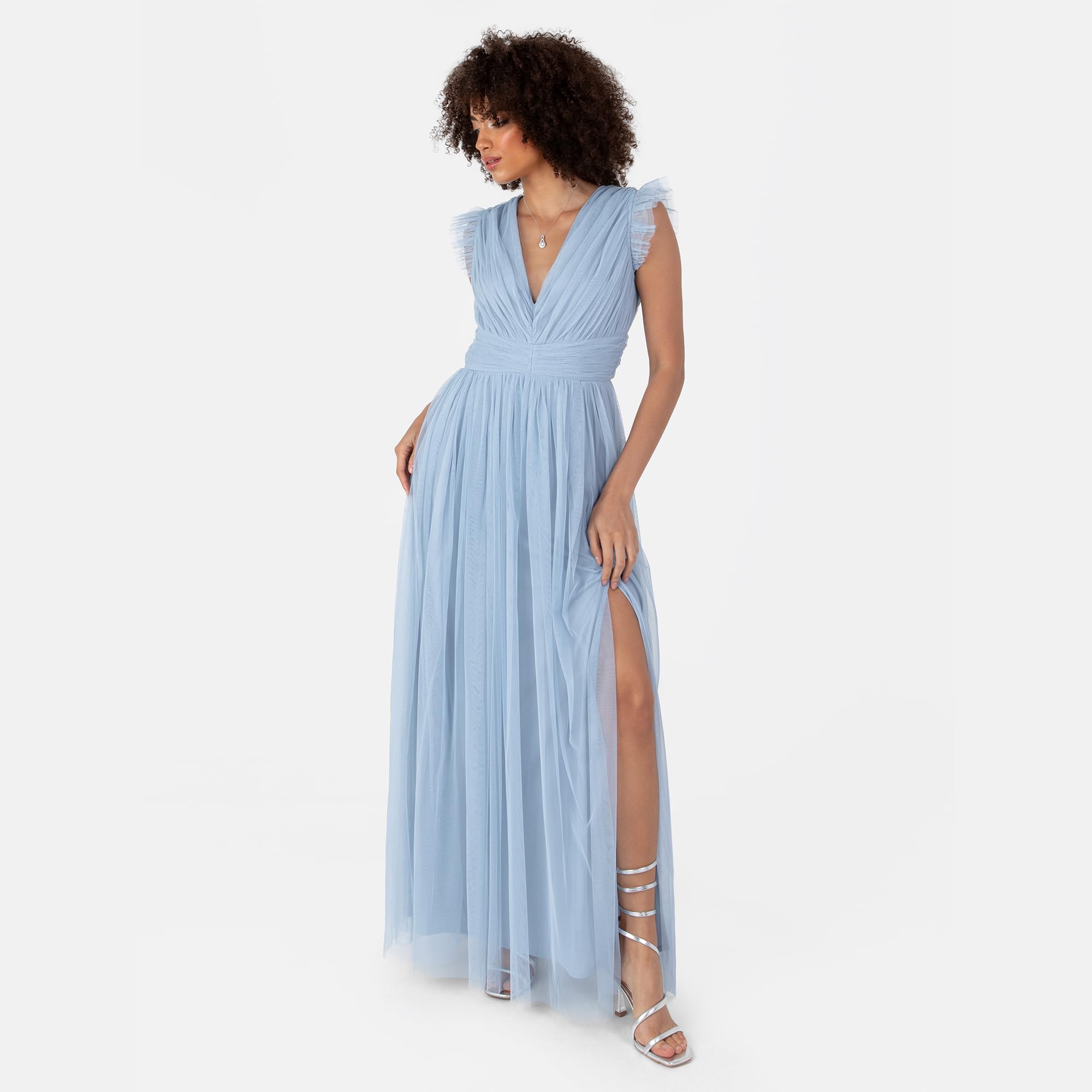 Anaya with Love Damen Women's Maxi Dress Ladies V-Neck Short Sleeve Split Tulle A-line for Wedding Guest Bridesmaid Evening Occasion Ball Gown Dress (1er Pack)