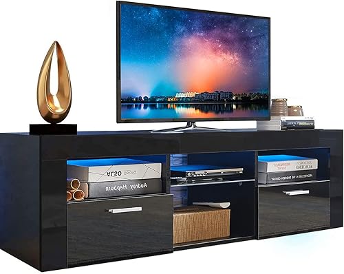 Goujxcy Soporte de TV para TV de 55 pulgadas, moderno soporte de TV LED con almacenamiento, centro de entretenimiento para consola de TV de más de