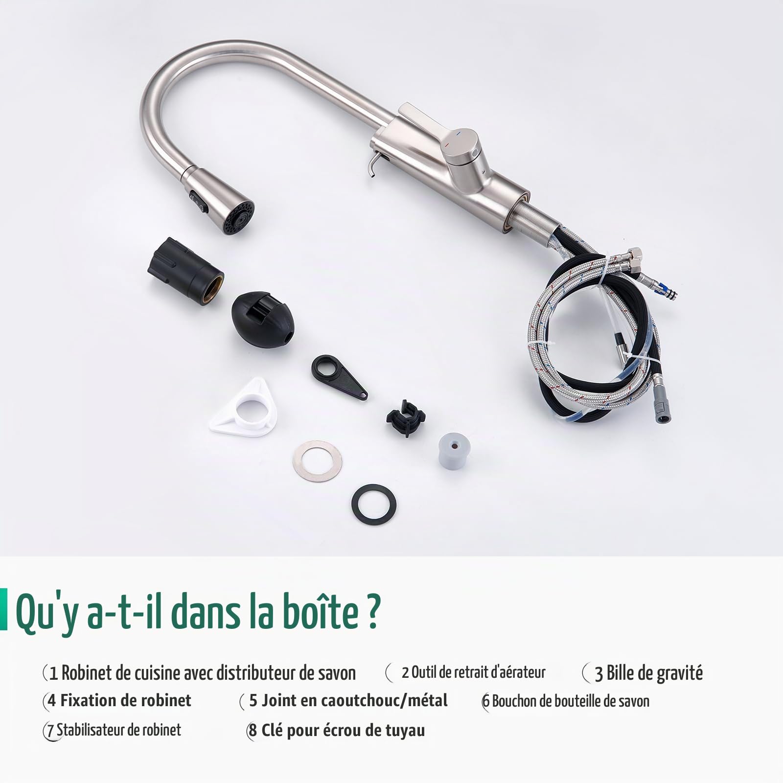 CREA Robinet de Cuisine Distributeur de Savon Encastrable,Mitigeur Cuisine avec Douchette Extensible, Robinet Evier de Cuisine avec 3 Douchette Modes, Pivotant à 360°,Brossé