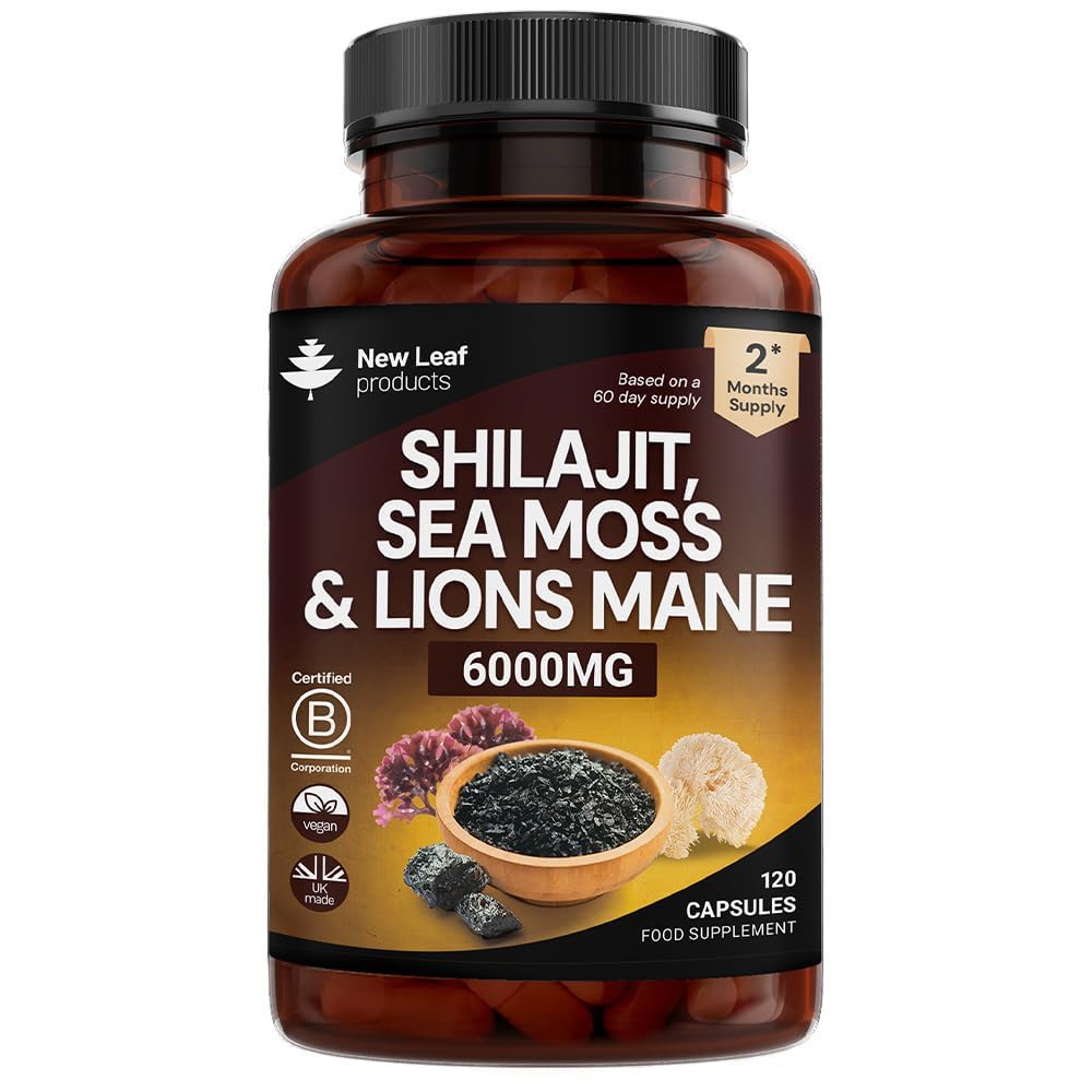Shilajit Seamoss and Lions Mane Capsules 6000mg - High Strength Complex - 60% Fulvic Acid Shilajit, Irish Sea Moss, Lions Mane 100% Fruiting Body - Vegan, UK Made 120 Capsules