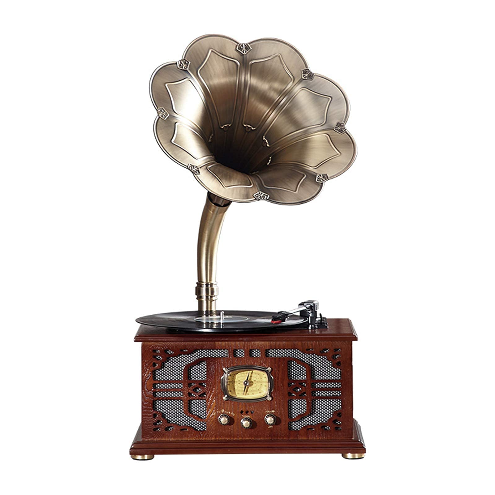 Gramófono de Madera, Estilo Retro, Tocadiscos de Vinilo Antiguo de Gran tamaño, Compatible con reproducción de vinilos y CD, Bluetooth inalámbrico, Radio y reproducción de Disco, Brown
