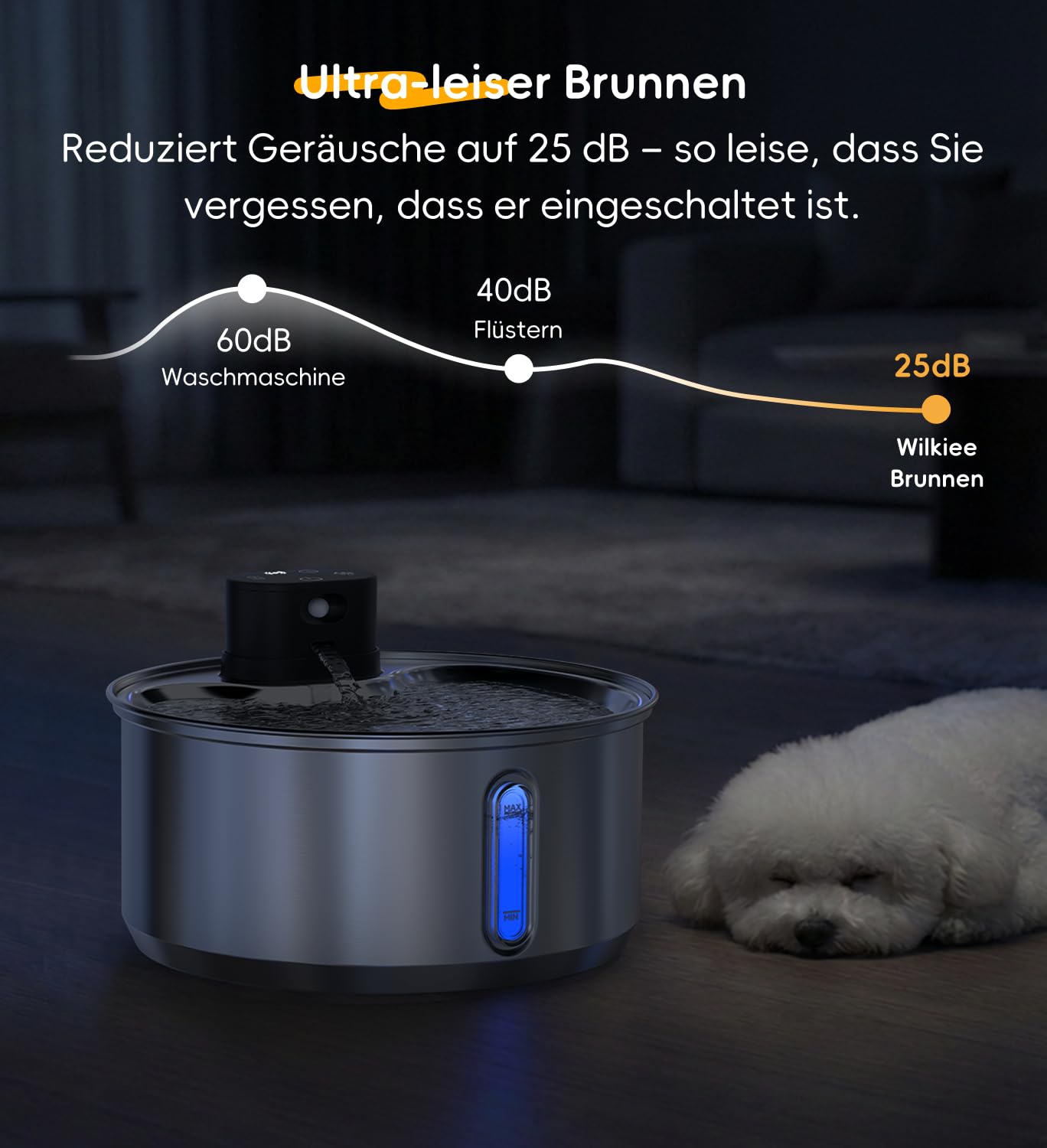 5,5 L Trinkbrunnen für Hunde Katzen Edelstahl Kabellos (6 Filter) | 5000mAh Akku mit bewegungsmelder, leiser Wasserpumpe,Scharzer