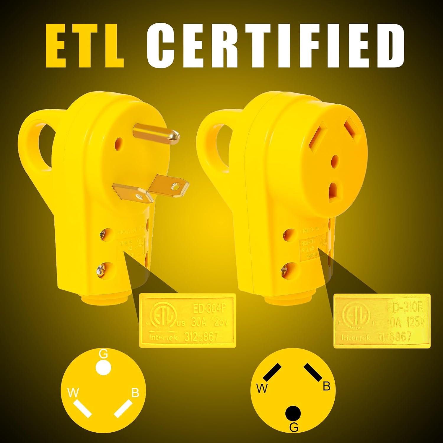30 Amp RV Plug Set (2 Sets) - Upgraded TT-30P Male & TT-30R Female Connectors, 125 Volt Heavy Duty Electrical Camper Plugs, ETL Listed for RVs, Caravans, Motorhomes, Vans, and Trailers (Yellow)