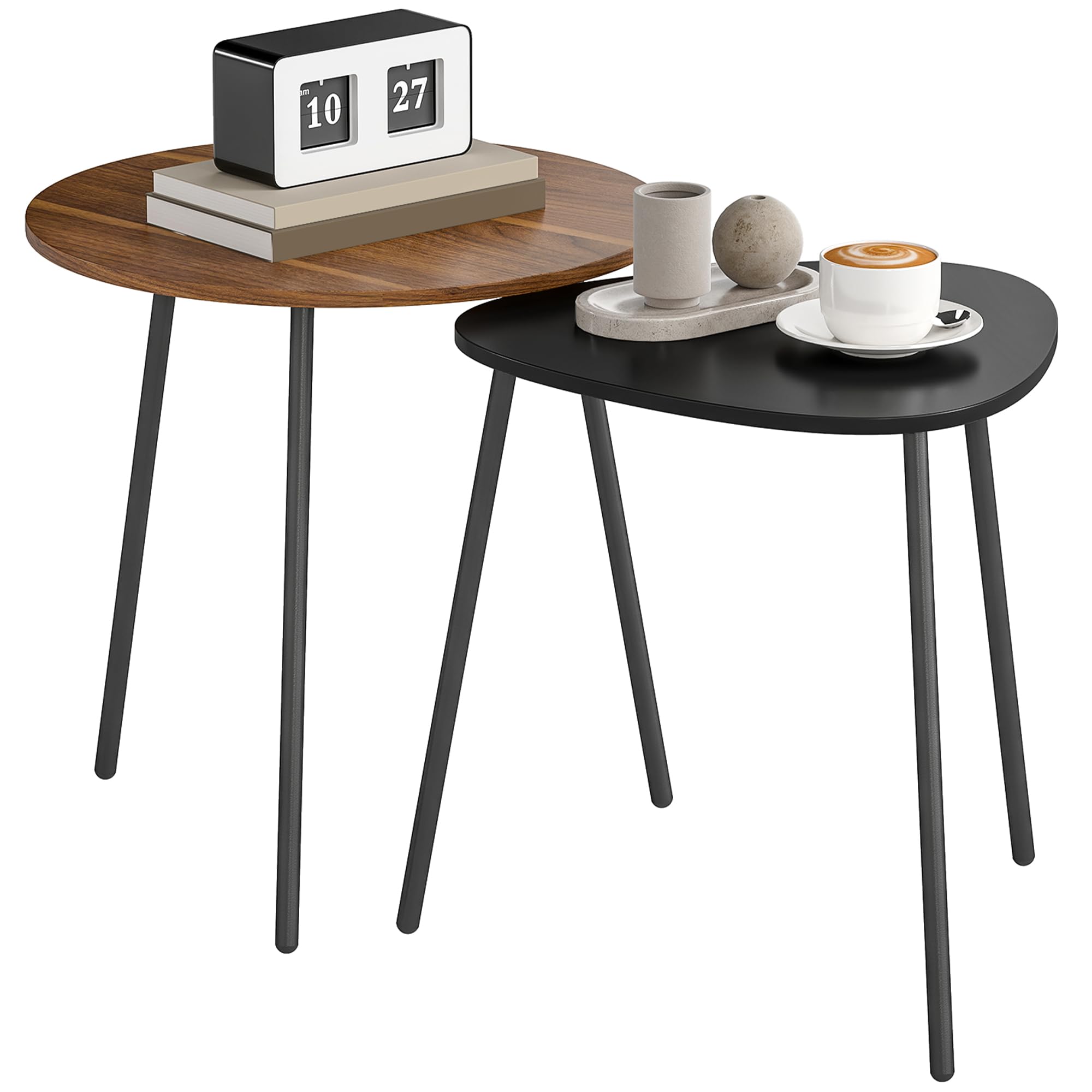 HOMCOM 2 mesas de café Nido, contemporáneo, Nogal y Negro | Mesas laterales de metal, formas redondas y triangulares, mesa de sofá para salón y dormitorio