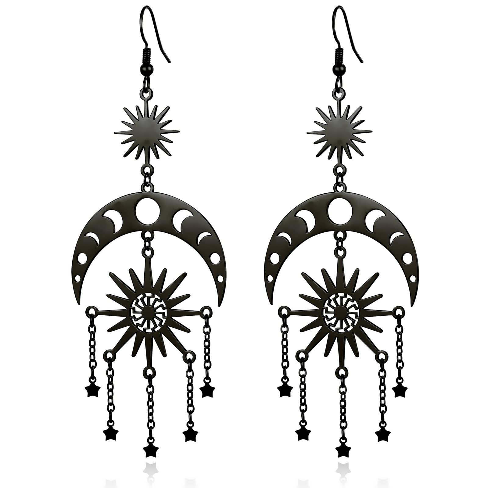 Fiklon Sun and Moon Star Chandelier Earrings for Women Dangle Dangly Earrings Phase Crescent Drop Dangling Earrings Stainless Steel Jewelry