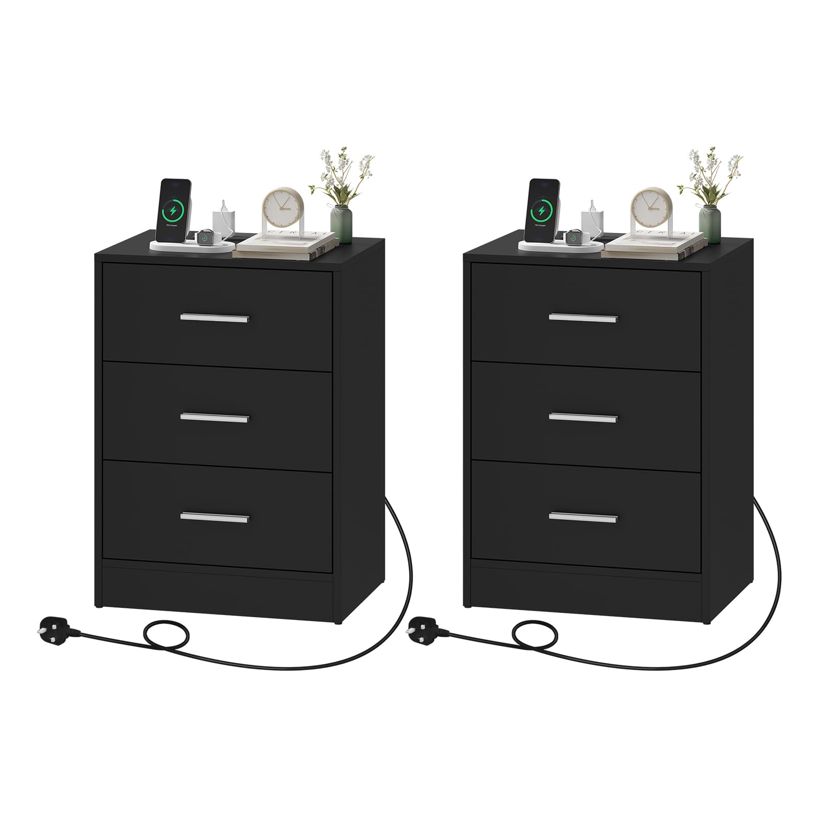 WOLTU Bedside Tables Set of 2, Bedside Cabinets with Charging Station, 3 Drawers, Black, Nightstands Side Tables for Living Room Bedroom Study, 39x28.5x54.5cm — image 1