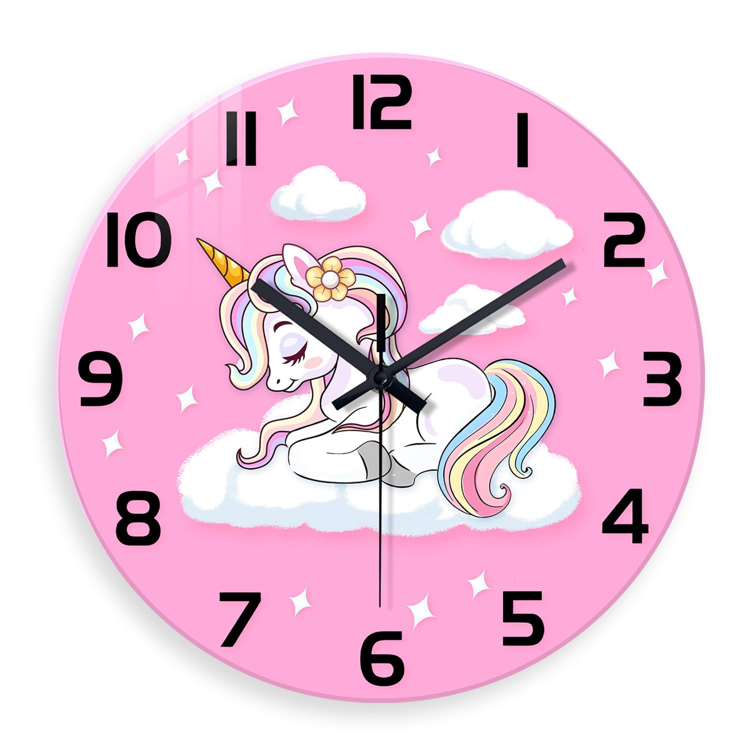 Constantplanet Unicorn Round Small Wall Clocks Battery Operated 12 Inch Girls Pink Wall Clock for Bathroom Glass Silent Wall Clock Modern