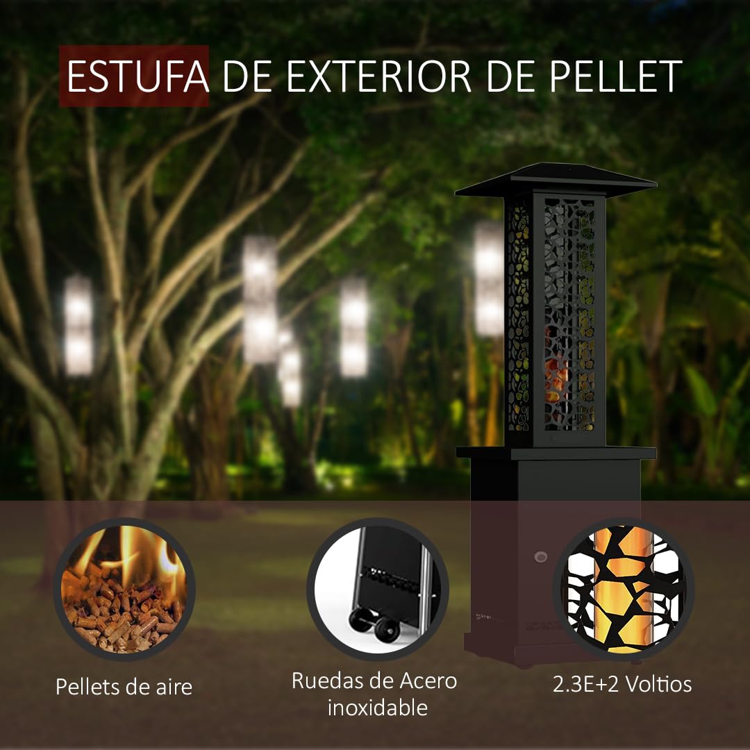 Estufa Exterior de Pellet, Calentador de jardín, 12,2kW, Acero inoxidable