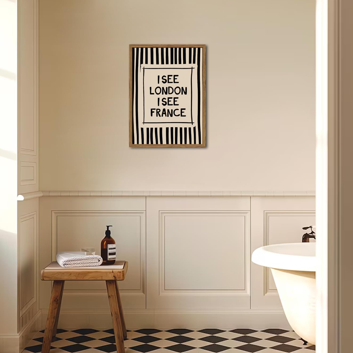 I See London I See France Bathroom Wall Art Funny Quote Sign Restroom Wall Decor Picture Vintage Trendy Black Striped Bathroom Poster Canvas Painting Prints 12x16 inch Wood Framed