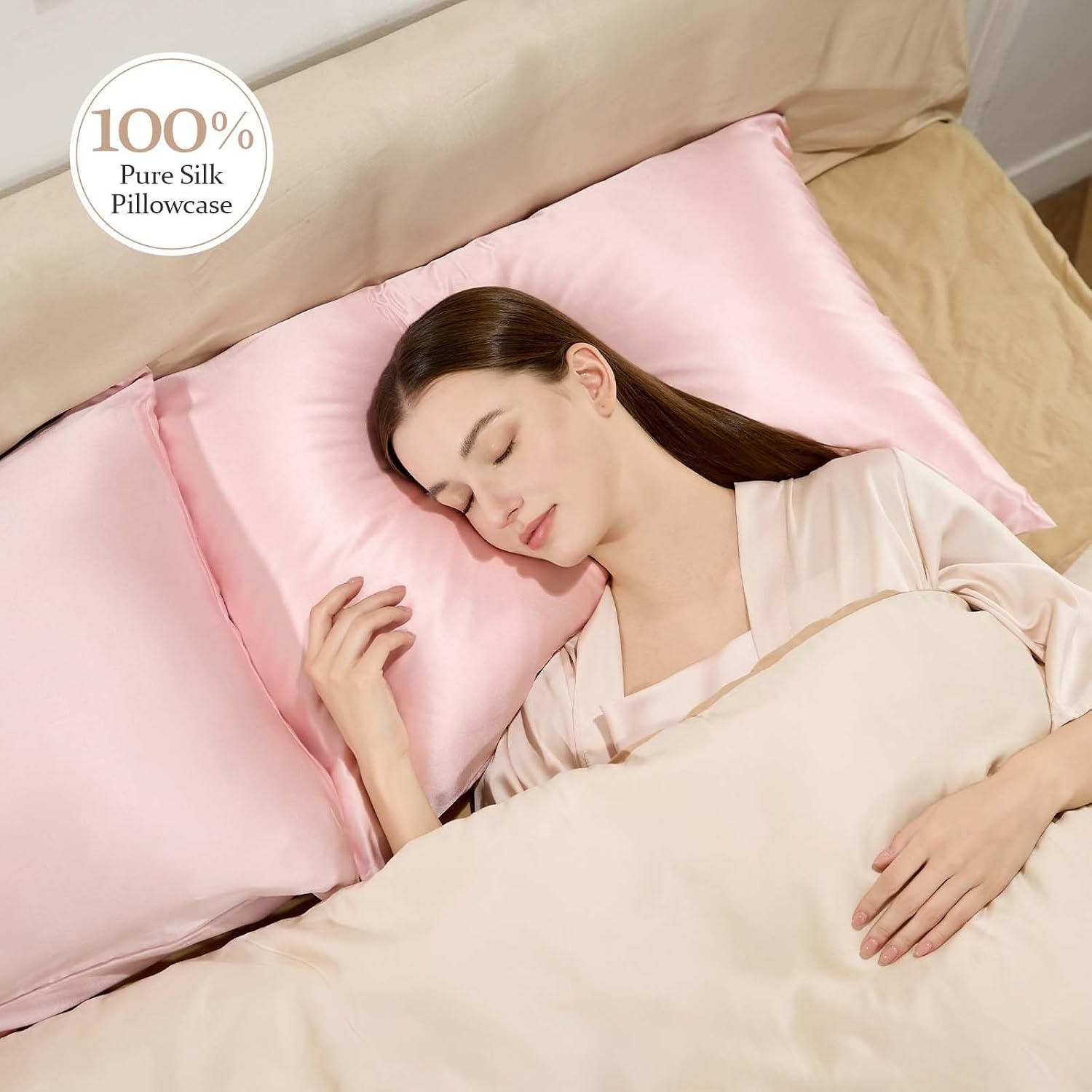 100% Pure Mulberry Silk Pillowcase for Hair and Skin Health,Cooling Pillow Cases with Zipper,Both Sides Premium Grade 6A Silk (Pink, Standard 20"x26")