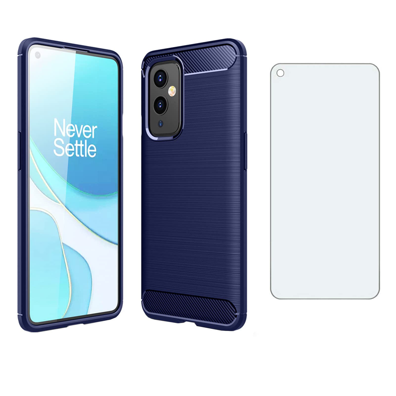 Phone Case for OnePlus 9 OnePlus9 5G and Tempered Glass Screen Protector with Cell Accessories Shockproof Soft Slim Silicone Carbon Fiber One Plus9 On 1 Plus 1plus One+ 1+ 1+9 Nine Women Men Blue