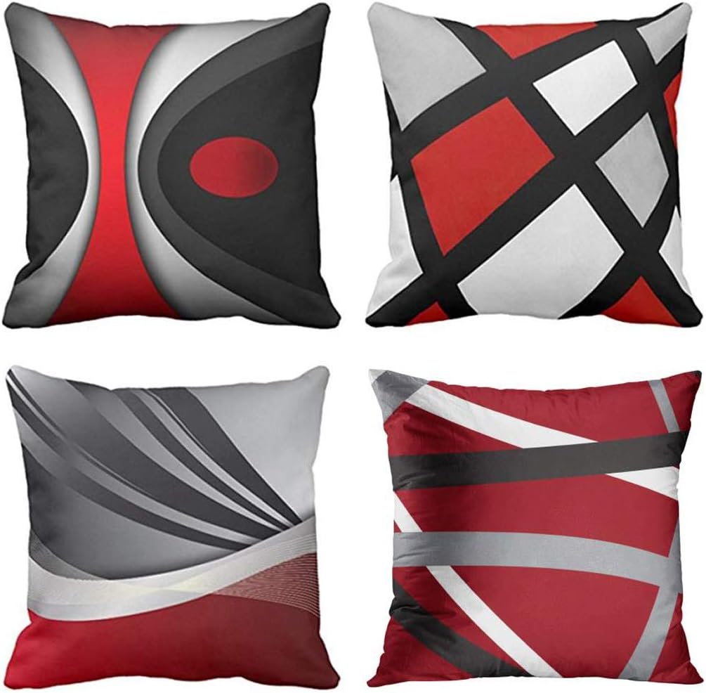 Emvency Set of 4 Throw Pillow Covers Modern Abstract Red Stripes Gray Black White Acrylic Bold Grey Decorative Pillow Cases Home Decor Square 18x18 Inches Pillowcases