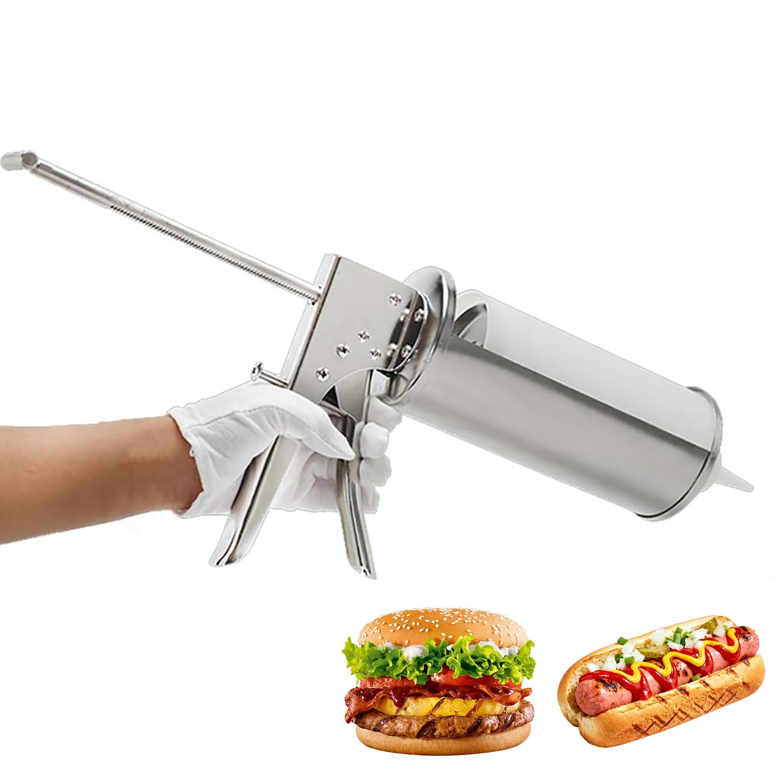 Pistola dispenser per salse, bottiglia da 650 ml, uscita regolabile da 10 a 15 g, dispenser per condimenti in acciaio inox, per condimenti, ketchup e altro ancora