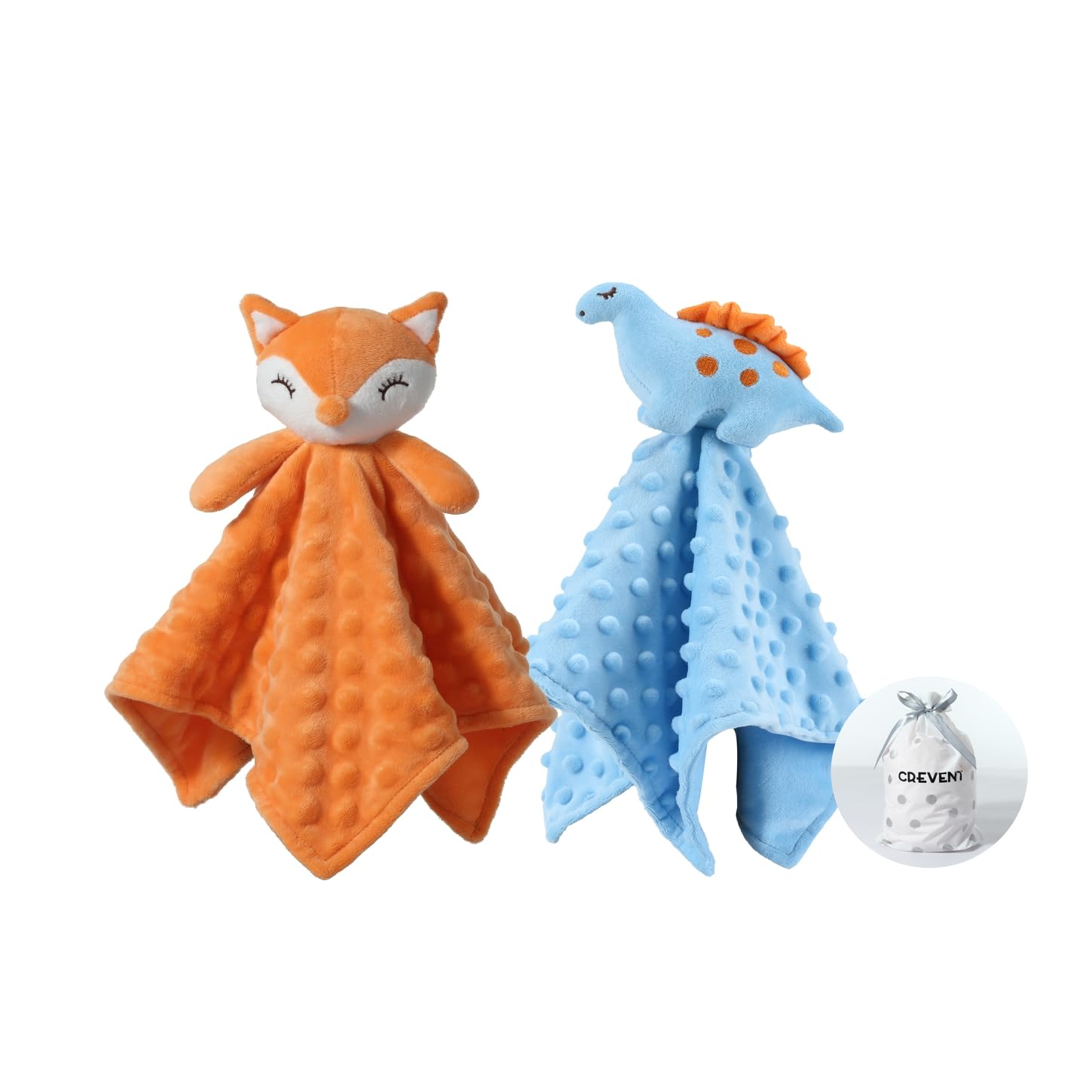 CREVENT Cozy Plush Baby Security Blanket, Loveys for Baby Girls and Boys, Birthday (Fox + Dinosaur)