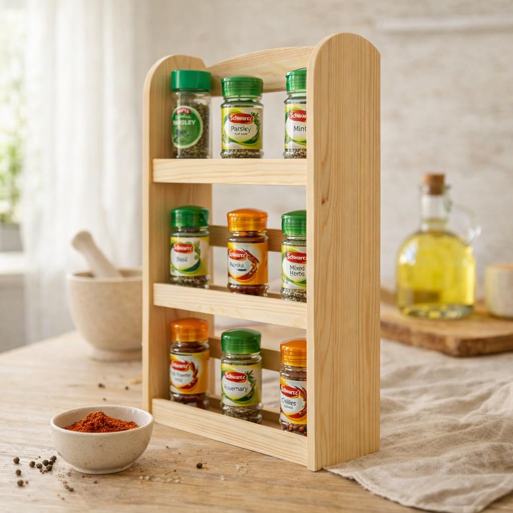 Marco Paul Interiors Brown Marco Paul Traditional Free Standing Wooden Herb And Spice Rack, 15 Jar Kitchen Storage And Organiser Pantry Storage Rack For Herbs And Spice, Ideal To Store Herbs, Spices & Seasonings Spice Organiser