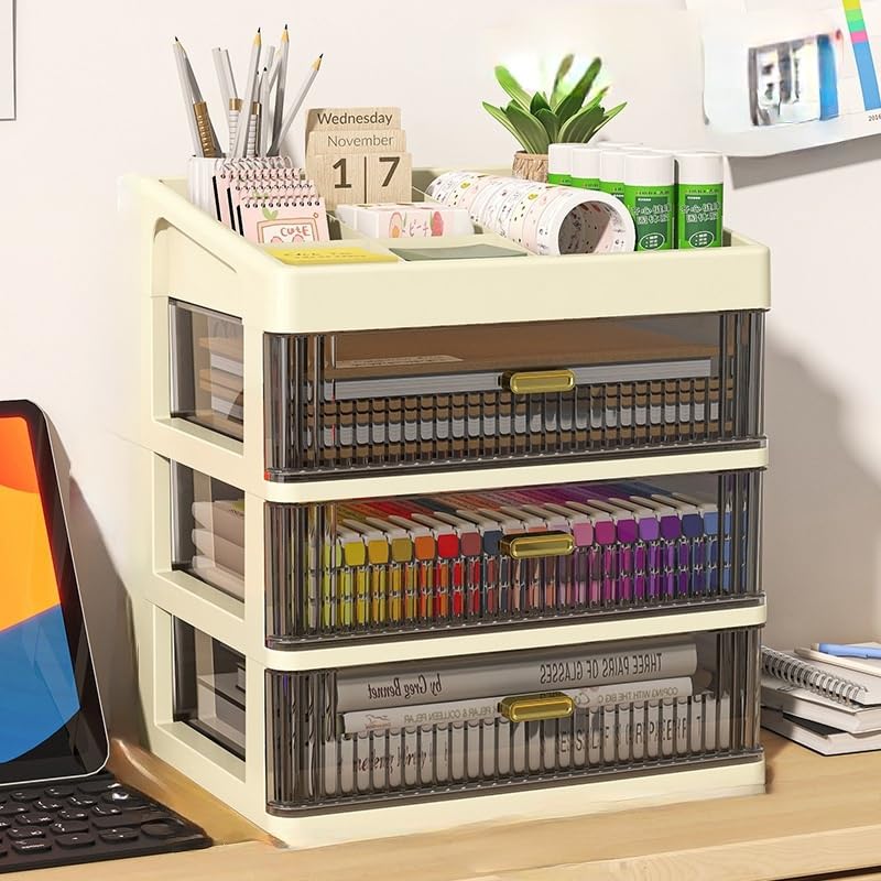 Sponsored Ad - KREPS Desk Makeup Organizer, Plastic Storage Box with Sliding Drawer, Stylish Display Case for Cosmetics, Lotion, Nail Polish,Brushes,and Jewelry (3 - Layer, Cream)