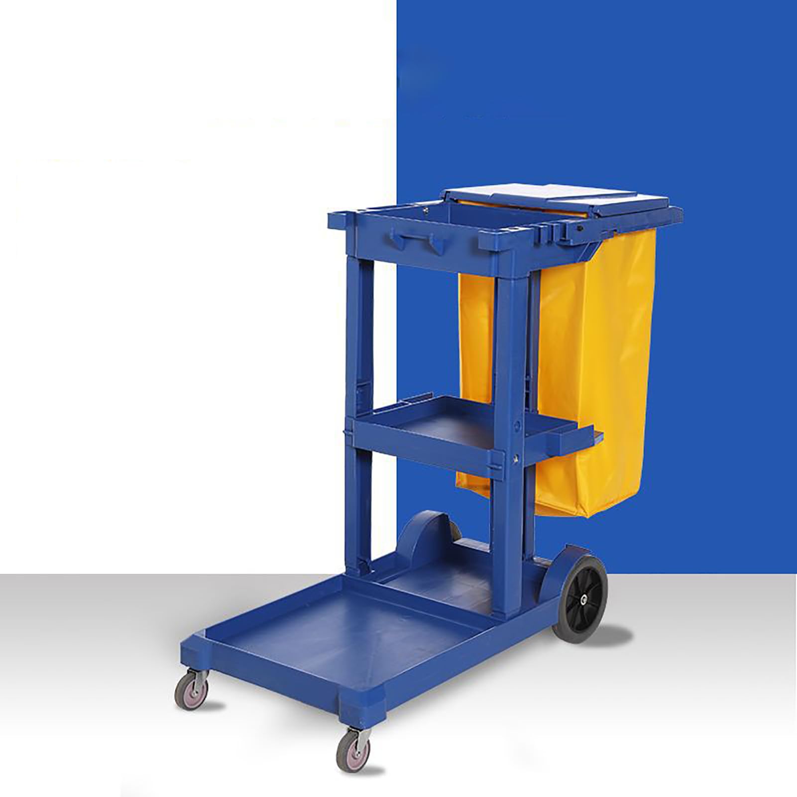 Dieser gewerbliche Reinigungswagen auf Rädern mit 3 Ablagen und Vinyltasche eignet Sich für Hotels, Apartmentanlagen und Gewerbebetriebe (blau).