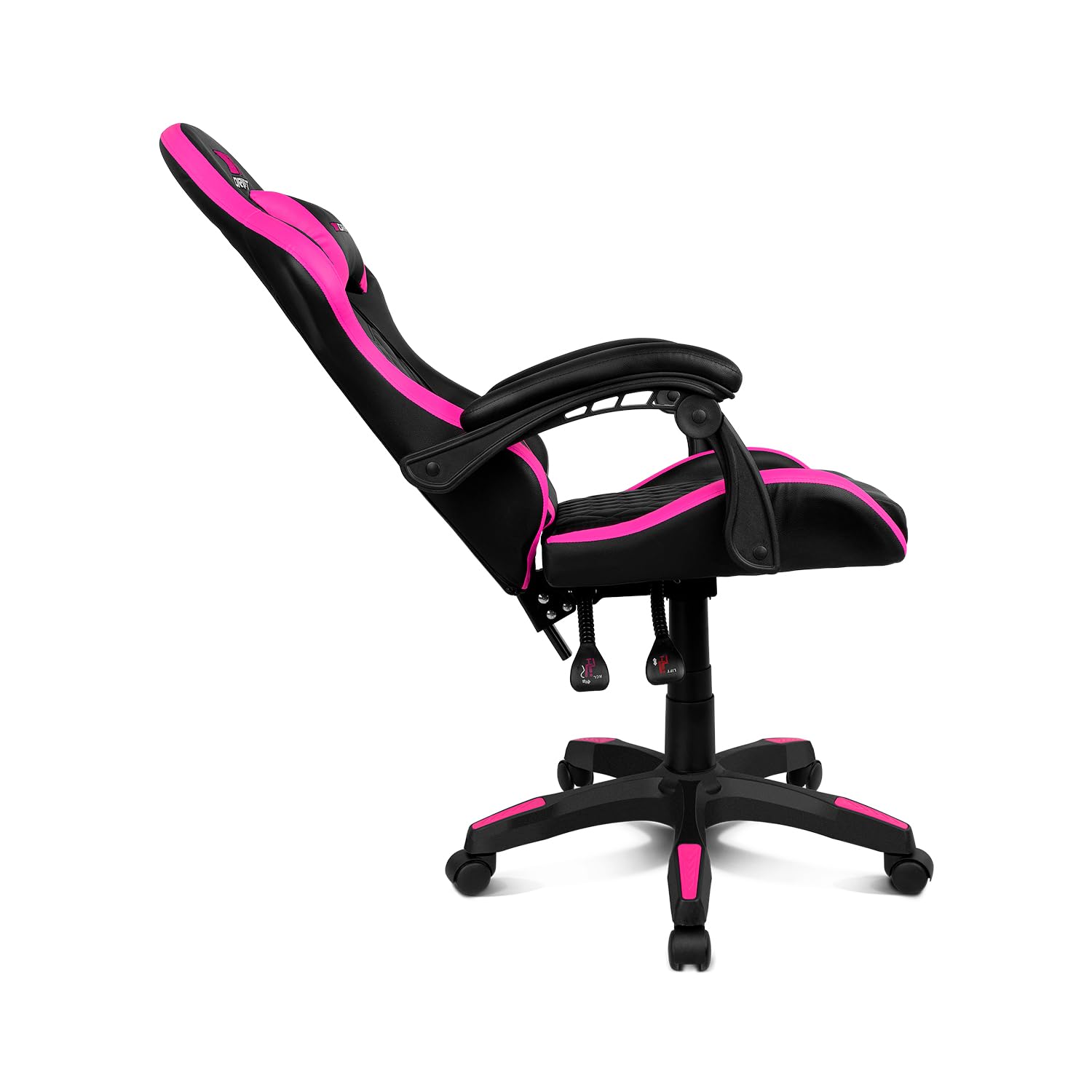 DRIFT GAMING DR35 – Profesjonalny ergonomiczny fotel gamingowy z podparciem lędźwiowym i regulowanymi podłokietnikami 2D, odchylany do 135°, ciche koła, tapicerka ze skóry syntetycznej, Czarny/Fuksja
