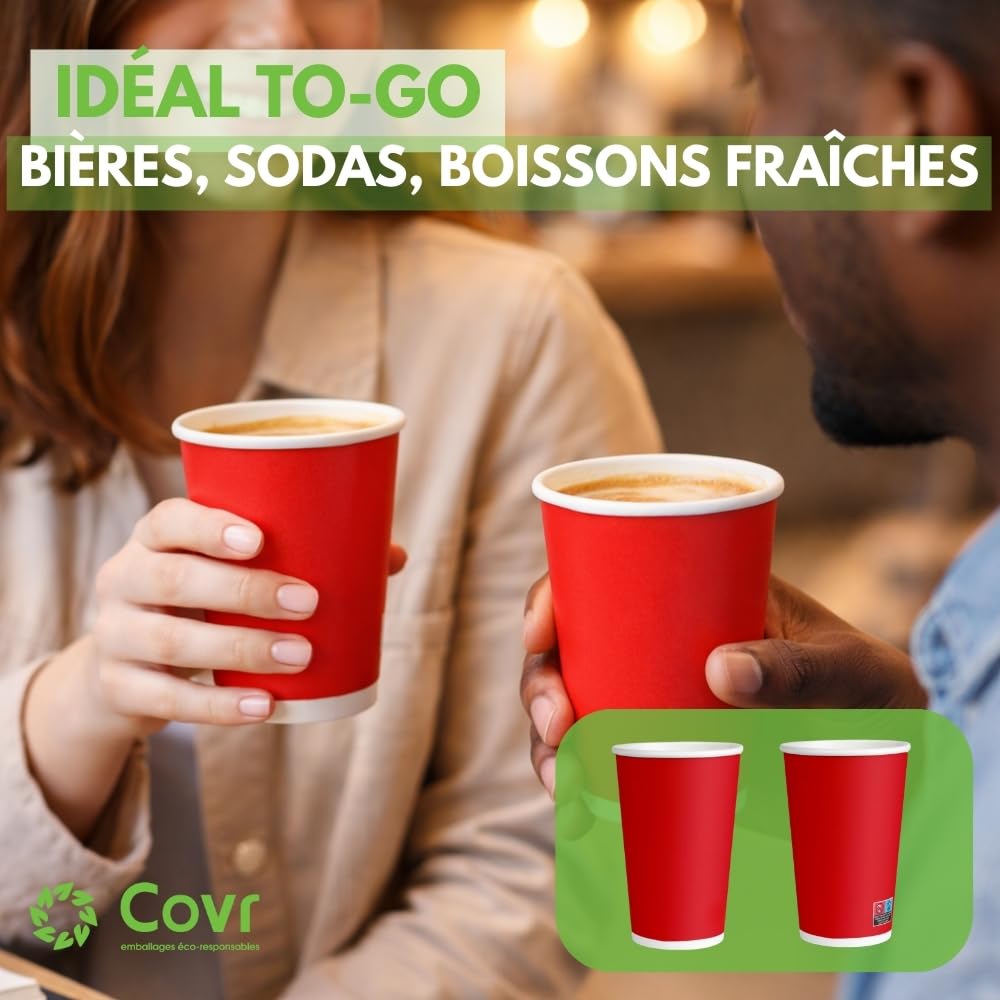COVR Gobelets carton rouge 33cl - 12oz, 1000, unité, Recyclables, Boisson Chaude et Boisson Froide, Solide et Bonne Prise en Main, Résistant