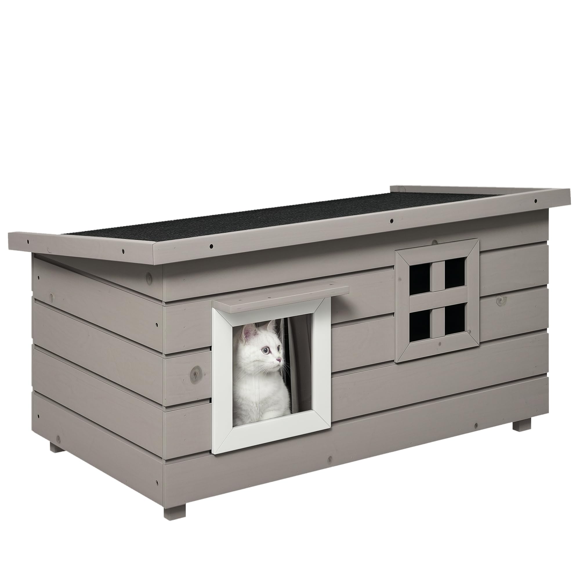 PawHut caseta para gatos caseta para gatos con techo de asfalto cueva para gatos casita para animales con ventana para gatos perros al aire libre resistente al invierno madera de abeto gris negro 87 x
