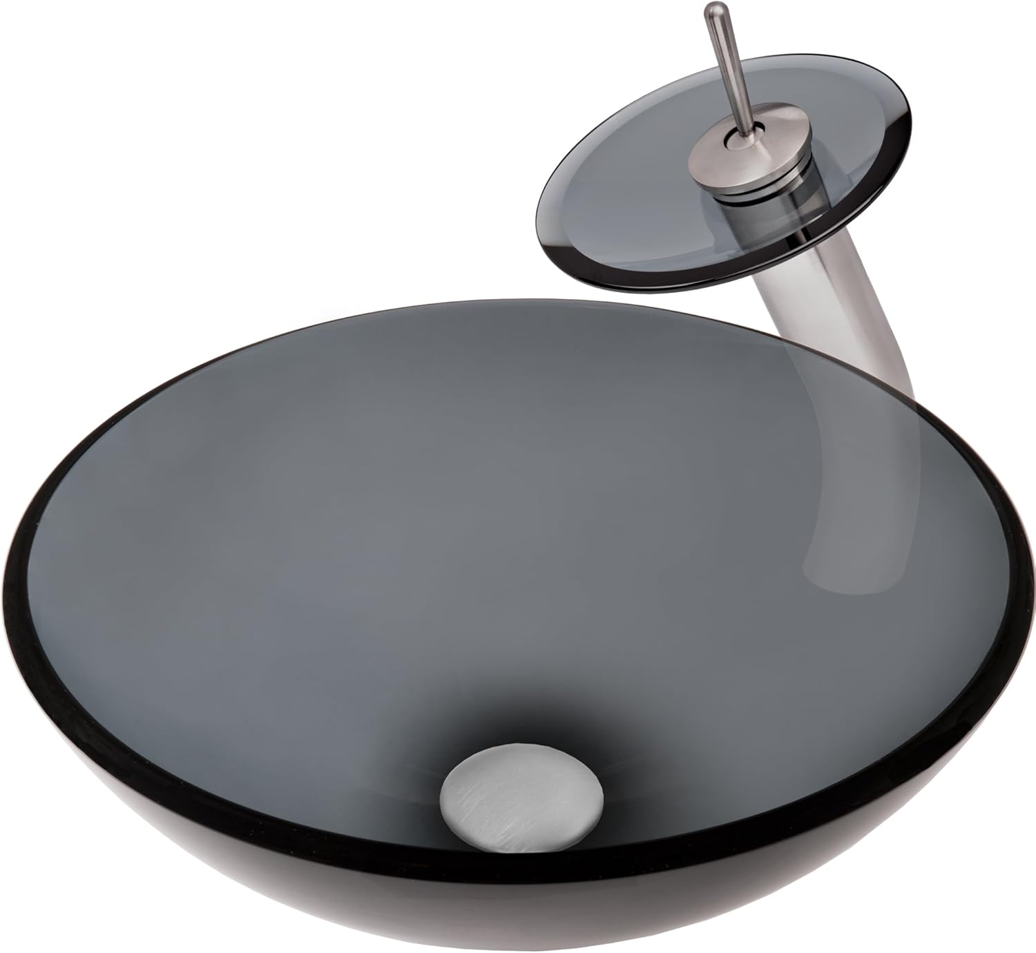 Novatto NERA Glass Vessel Bathroom Sink Set, Brushed Nickel/Smoke Glass