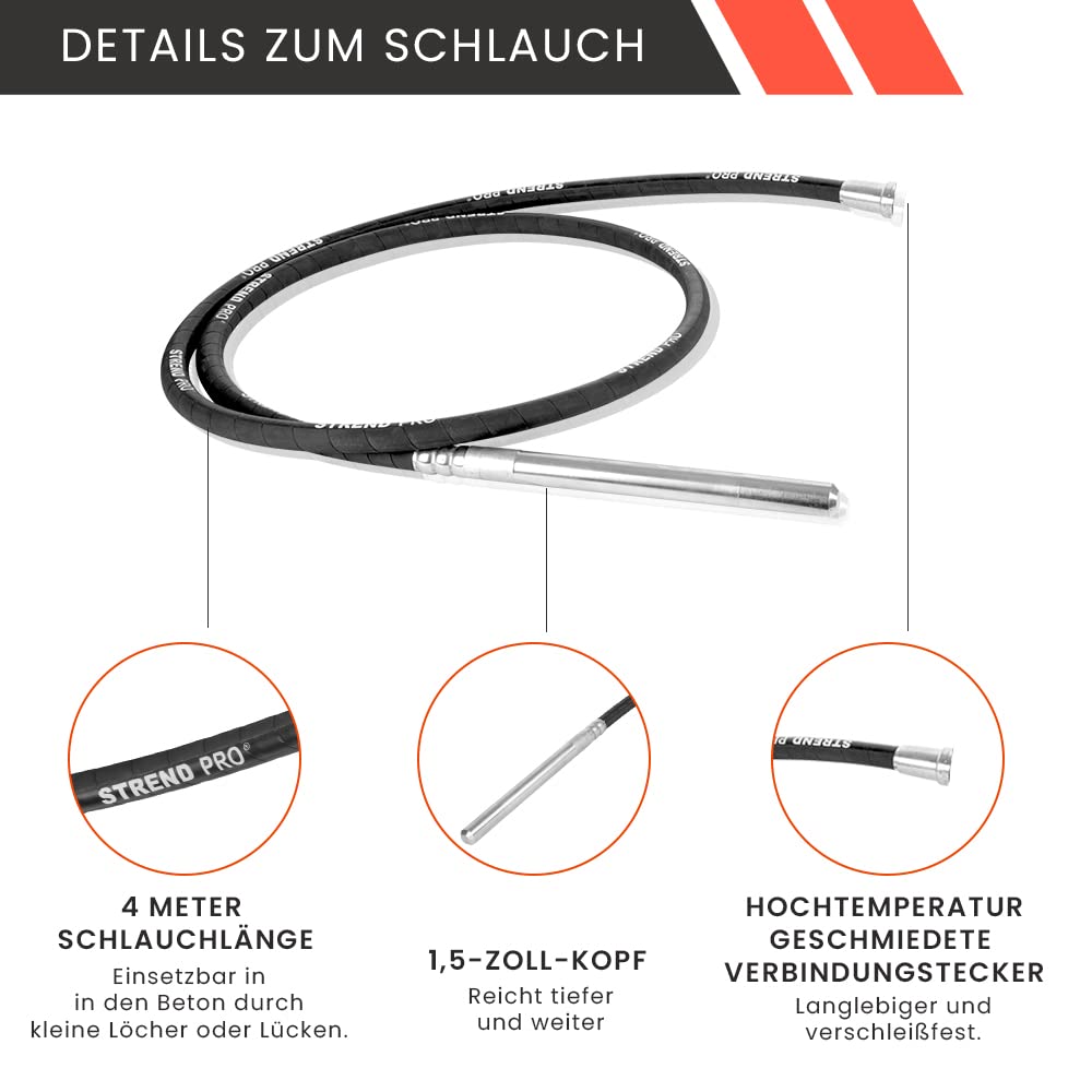 STREND PRO Betonrüttler Flaschenrüttler 2300 W | Innenrüttler | Rüttelflasche | Rüttelkopf 4 m Kabel Betonverdichter | Elektrisch | flexible Welle | Dauerbetrieb